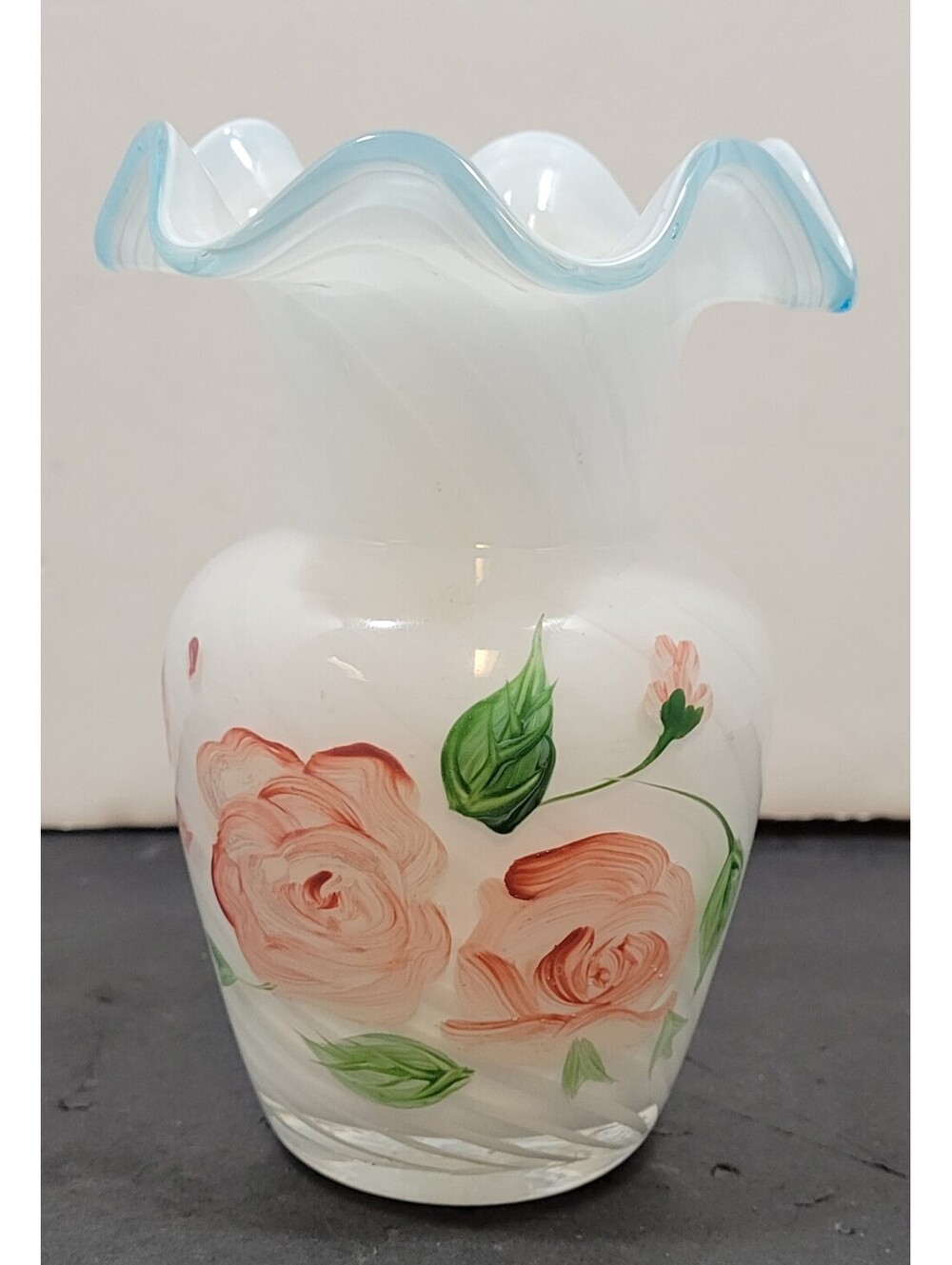 Vtg 6" Fenton Art Glass Swirl Pattern Floral Hand-Painted Blue Ruffled Rim Vase
